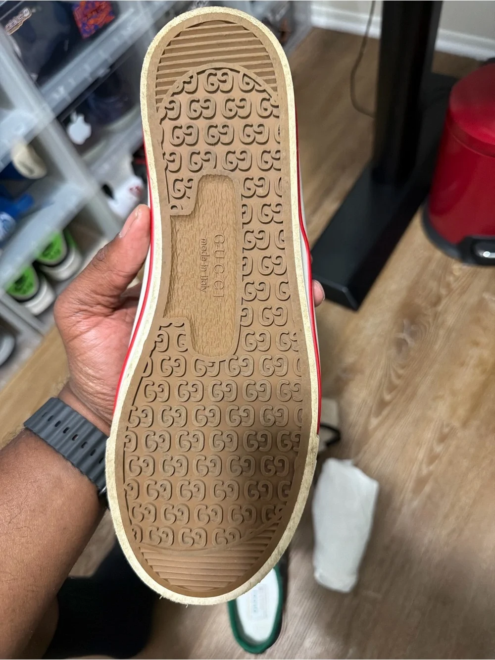 Gucci Black GG Canvas Low-Top Sneaker with Green and Red Web